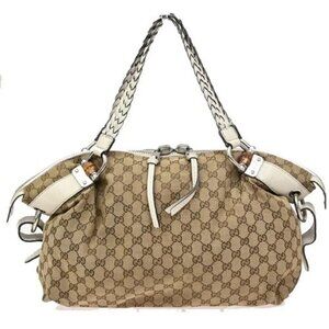 GUCCI Logo GG Pattern Bamboo Shoulder Bag Canvas Leather Brown White SHW 80EG214